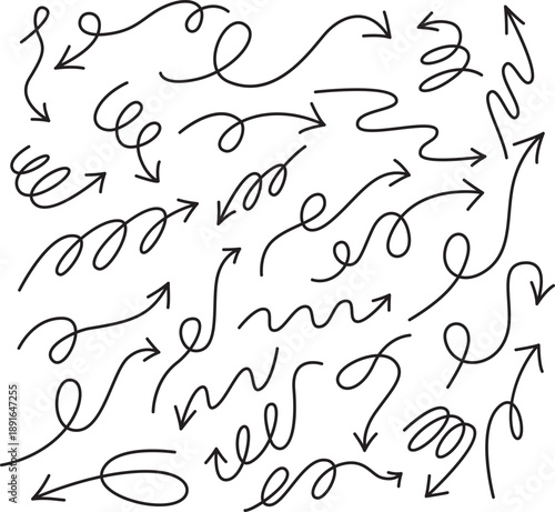 Set of hand drawn black arrows. Doodle swirly and wavy arrow symbols 