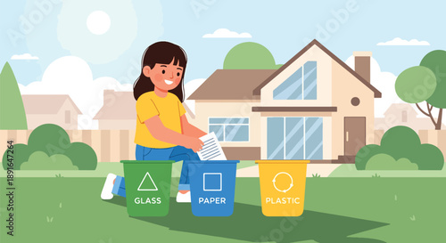 Independent little girl sorting recyclable waste, modern flat vector promoting good habits and eco-friendly responsibility