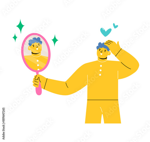 Smiling man look in round shaped mirror satisfied with reflection. Concept of self-love and self-acceptance. Colorful vector illustration