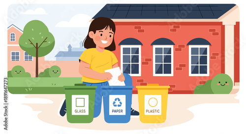 Independent little girl sorting recyclable waste, modern flat vector promoting good habits and eco-friendly responsibility