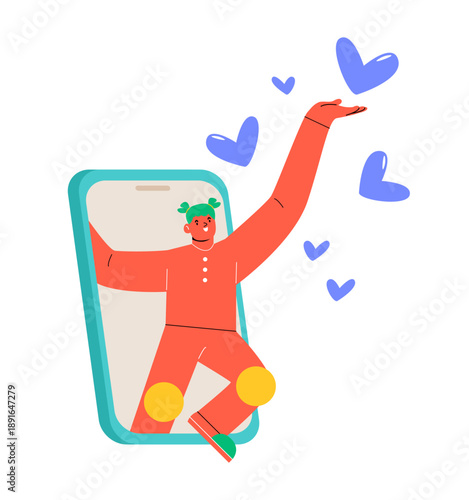 Wishlist concept. Woman coming out from giant phone with hearts. Colorful vector illustration