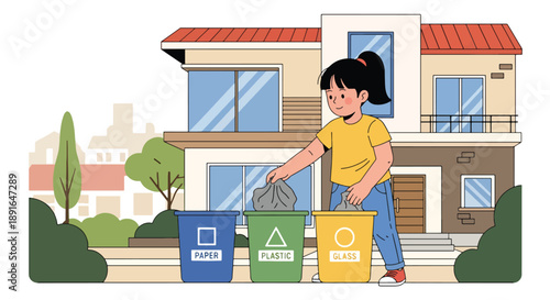 Independent little girl sorting recyclable waste, modern flat vector promoting good habits and eco-friendly responsibility