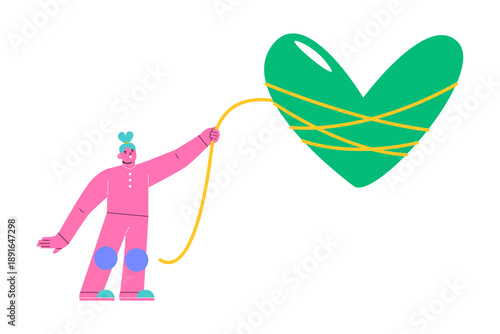 Woman untying tangled thread in a heart. Psychology mental health concept. Colorful vector illustration