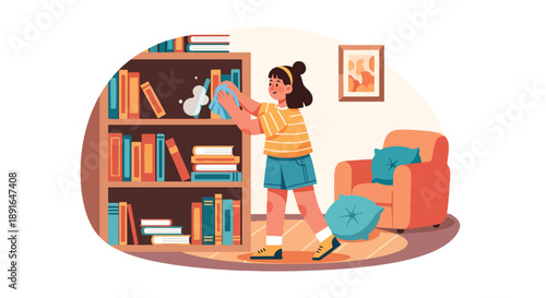 Independent little girl cleaning and organizing bookshelf, modern flat vector showing good habits and love for learning
