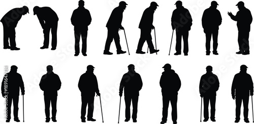 Silhouettes of Elderly Men Standing and Walking with Canes Showing Aging Process, Mobility Challenges, Senior Lifestyle, and Healthcare Support Concept