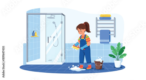 Independent little girl cleaning bathroom tiles, modern flat vector showing good habits and hygiene responsibility