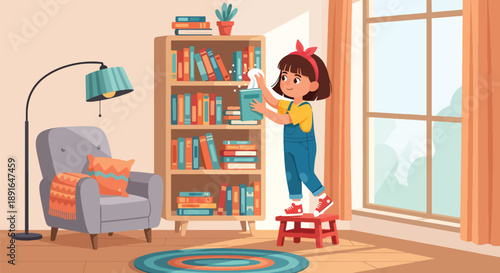Independent little girl cleaning and organizing bookshelf, modern flat vector showing good habits and love for learning