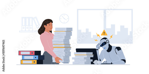 Businesswoman overloading an AI robot with work