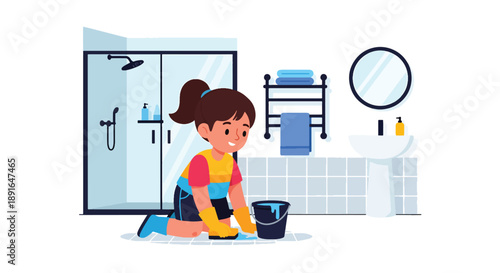 Independent little girl cleaning bathroom tiles, modern flat vector showing good habits and hygiene responsibility