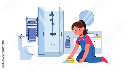Independent little girl cleaning bathroom tiles, modern flat vector showing good habits and hygiene responsibility