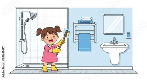 Independent little girl cleaning bathroom tiles, modern flat vector showing good habits and hygiene responsibility
