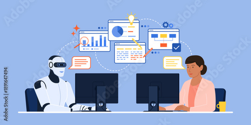 AI robot and businesswoman working together and completing tasks