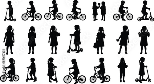 Silhouettes of Children Playing, Riding Bicycles and Scooters Showing Childhood Activities, Fun, Friendship, Growth, and Active Lifestyle Concept