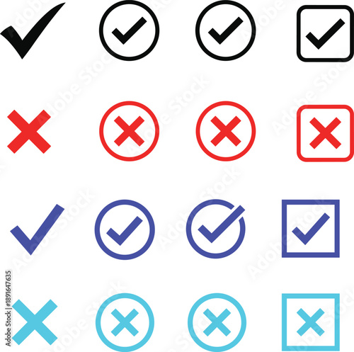 Check mark and cross icon set in multiple colors and shapes, approval and rejection symbols for UI, forms, validation and checklist design isolated on white background