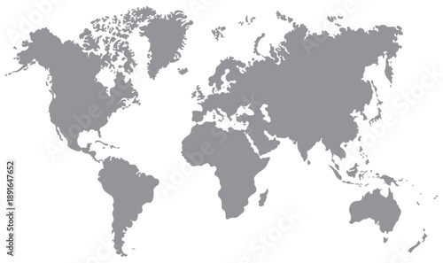 World map silhouette with detailed continents and countries. World map silhouette with continents. Gray world map continents silhouette. Geography world map continent shapes. world map, vector