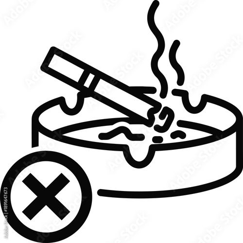 No smoking policy icon: cigarette in ashtray with prohibition sign