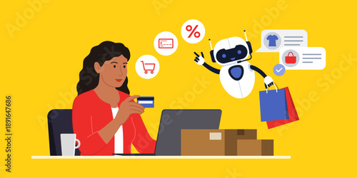 Happy woman doing online shopping and AI agent