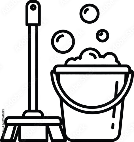 Essential cleaning tools icon: a broom and bucket filled with soapy water and bubbles