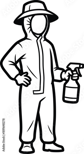 Person in protective suit holding a spray bottle, ready for pest control or disinfection