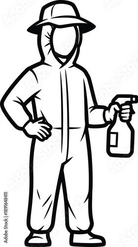 Professional pest control worker in protective suit holding a spray bottle for disinfection