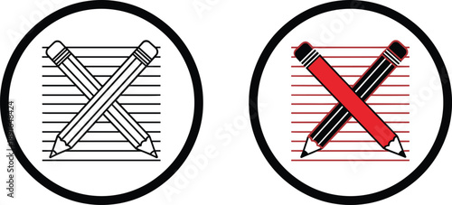 Correct and incorrect crossed pencil icons in circular frames, black and red symbols isolated on white background, education grading, approval and rejection concept illustration