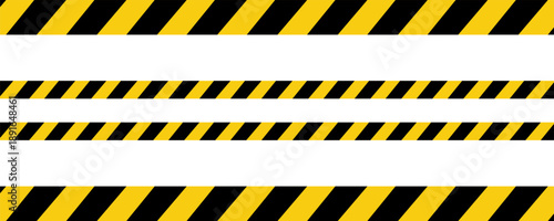 Warning tape with yellow and black diagonal stripes. Warn stop seamless line. Yellow and black caution tape border.