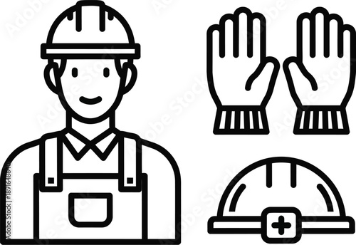 Essential safety equipment and worker for construction and industrial work environments