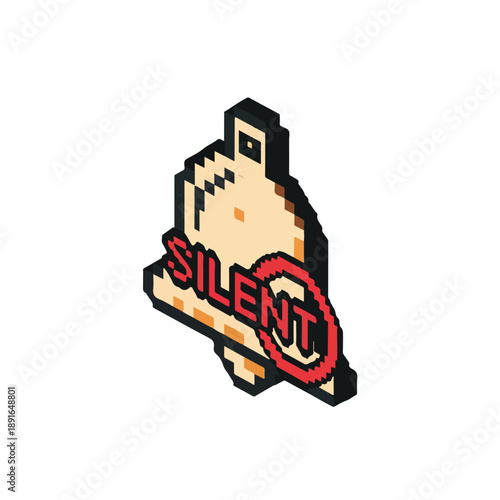 Retro pixel art icon of a hand cursor pointing at a silent bell, symbolizing mute notifications or do not disturb mode for digital devices.