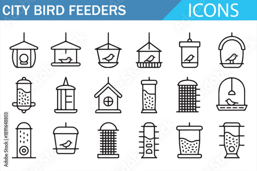 Bird Feeding Station Outline Icons for City and Backyard