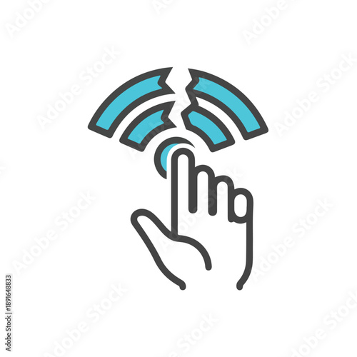 Outline icon of a hand tapping a broken Wi-Fi signal, representing internet connection failure, network problems, lost wireless signal, or troubleshooting.