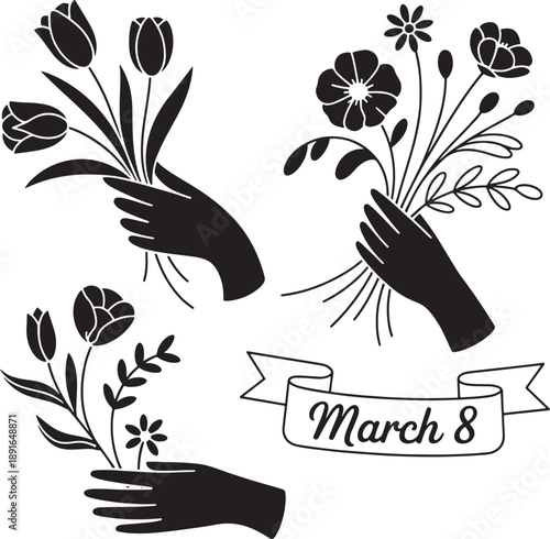 Elegant black silhouettes of hands holding floral arrangements and a ribbon