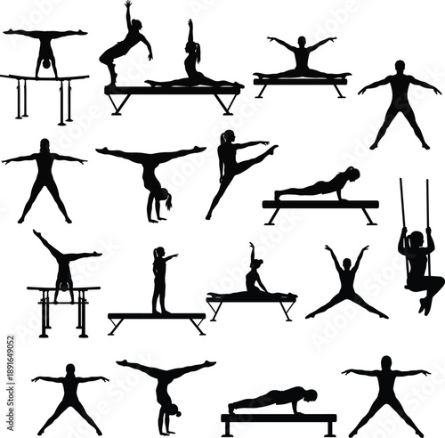 Gymnast silhouette collection showing athletic poses on balance beam and floor exercises, black sports figures illustration isolated on white background for fitness and training design