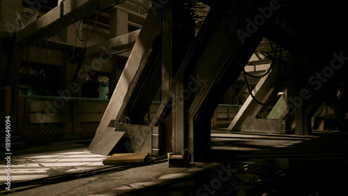 Photos Sunlight streams through the shadows of an abandoned industrial area, illuminating concrete pillars and forgotten equipment