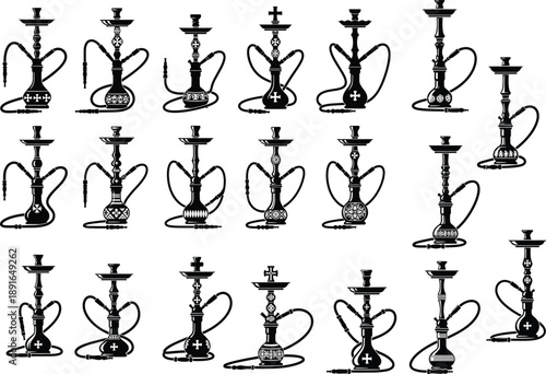 Hookah silhouette collection featuring traditional shisha water pipes in various styles, black vintage smoking symbols set isolated on white background for cultural and design use