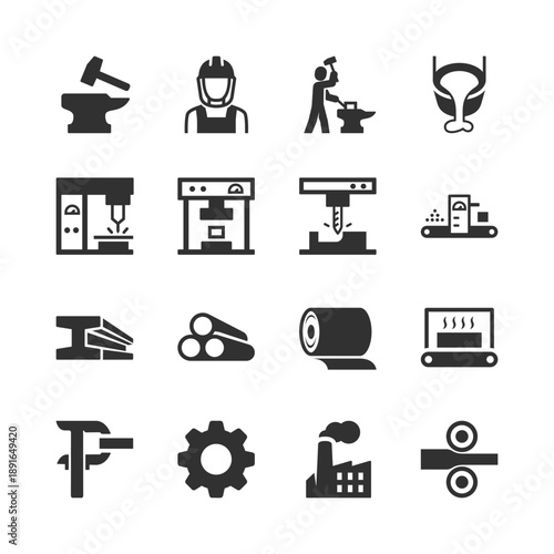 Metallurgy and metal processing industry, monochrome icons set. Steel production, metalworking machinery, manufacturing, casting, machining, factory equipment. Black and white symbols style.