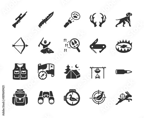 Hunting and tracking activity, monochrome icons set. Wildlife hunting tools, weapon equipment, animal tracking, outdoor survival, shooting practice, hunting camp. Black and white symbols style.