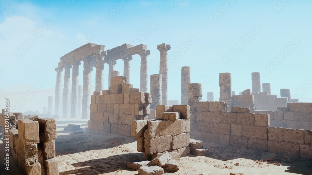 Naklejka premium Ruins of ancient stone columns rise majestically against a bright blue sky. Dust swirls around the majestic structures, evoking a sense of wonder and time lost. This is a scene of history preserved.