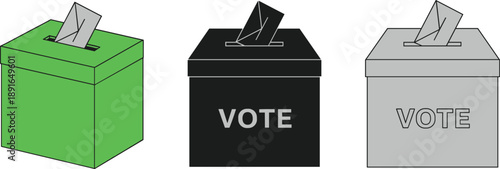 Voting ballot boxes in different colors with inserted paper, election and democracy concept illustration isolated on white background for political, civic participation design