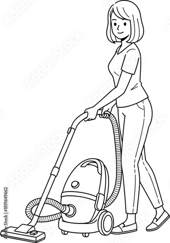 Young woman cheerfully performs household cleaning duties with a vacuum cleaner