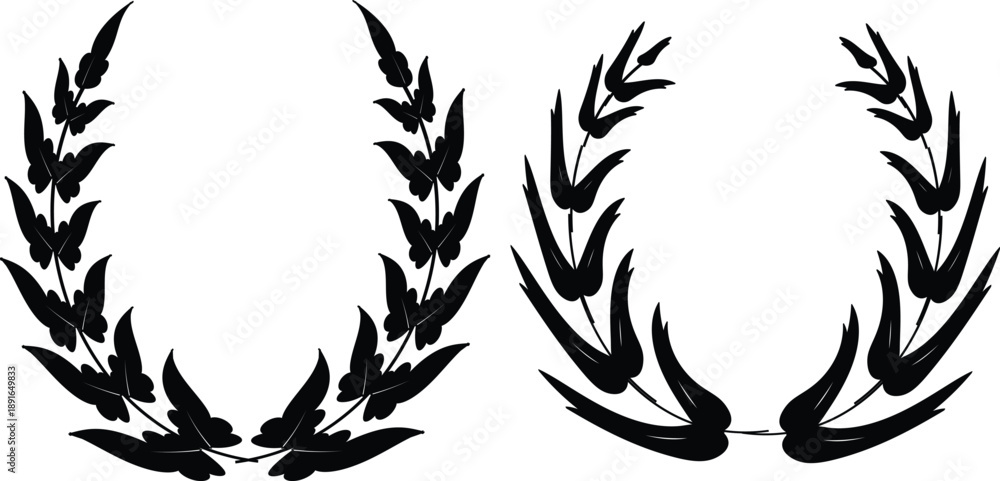 Fototapeta premium Set of two black laurel wreath silhouettes for victory award emblem and trophy design elements