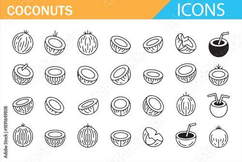 Tropical Coconut Line Icons Collection in Minimal Vector Style