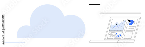 Cloud technology, data visualization, digital analytics, tech solutions, business strategy, cloud storage. A cloud icon next to a laptop displaying data charts. Cloud technology and data