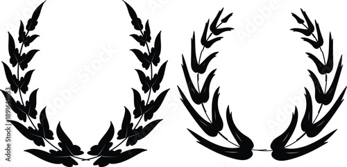 Set of two black laurel wreath silhouettes for victory award emblem and trophy design elements