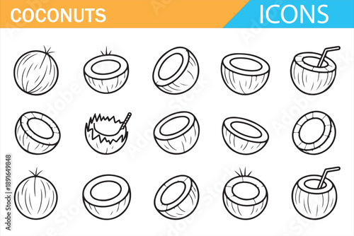 Outline coconut icon set showing whole cracked sliced and halved coconuts with shell and flesh, minimal line style vector food icons for tropical fruit, organic nutrition, packaging design and UI use