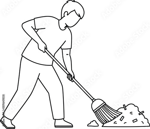 A person diligently sweeps a pile of debris with a broom, tidying up the area