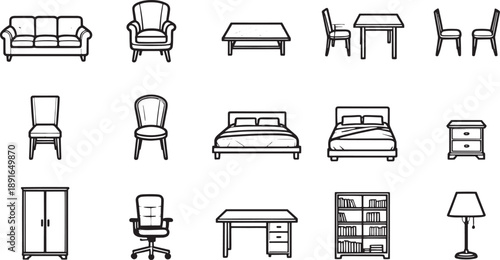 Elegant furniture icons stand in a grid formation, perfect for home decor, interior design, and illustrating furniture-related concepts. This graphic is ideal for architecture plans.