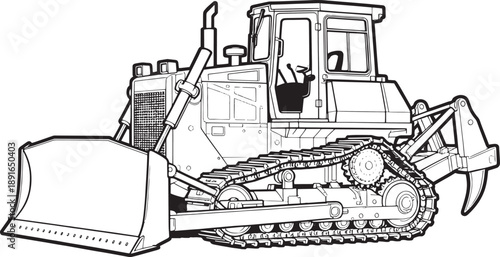 A detailed illustration of a powerful bulldozer, showcasing its robust design and heavy-duty construction, ready to tackle any terrain.