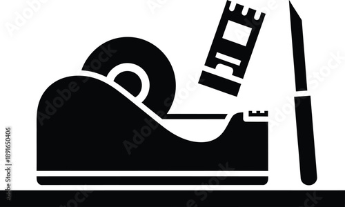 Black and white vector illustration of a film reel with a car silhouette and sea art in a cartoon travel icon design