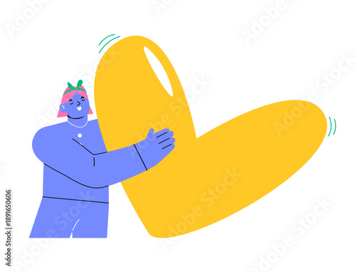 Happy woman hugs large heart. Colorful vector illustration