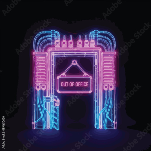 Futuristic neon wireframe portal with 'Out of Office' sign, symbolizing digital disconnection, work-life balance, and a break from technology.